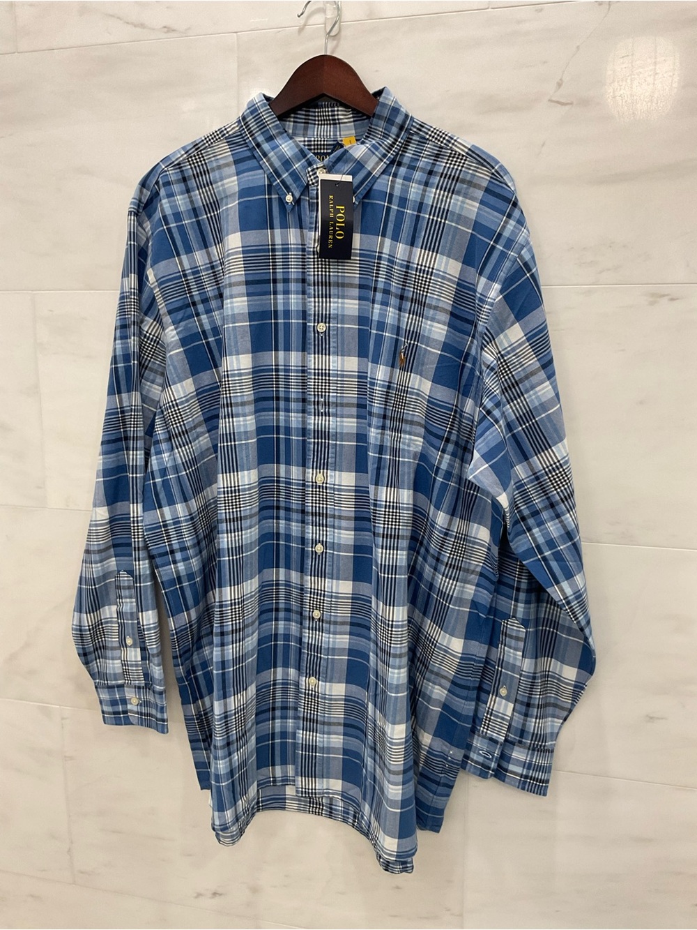 POLO Ralph Lauren Big & Tall BLUE PLAID Oxford Button Front Shirt sz 2XLT T14